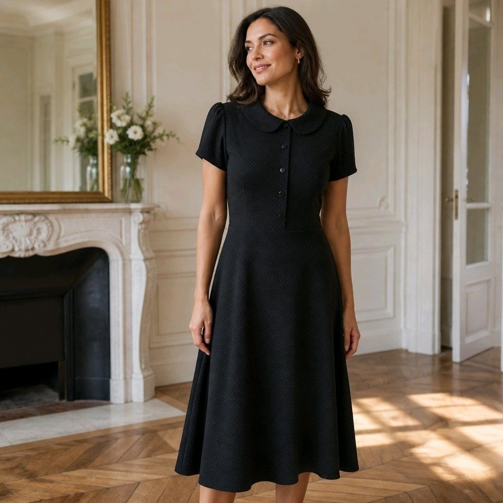 Lindy Bop Size 12 Black Dots Peter Pan Collar Midi Dress